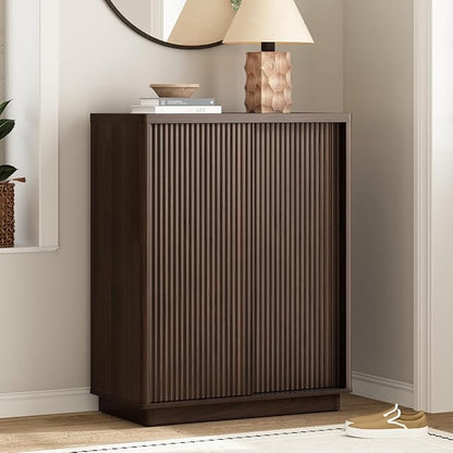Fluted Shoe Cabinet with Sliding Door, 6-Tier Large Hidden Storage Organizer Modern Shoe Rack with Adjustable Shelves, Mid Century Freestanding Wooden Shoe Storage Cabinet for Entryway,Walnut