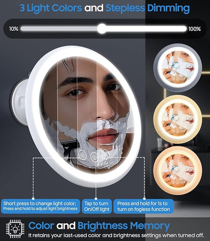 Gospire 3X Magnifying Heated Shower Mirror Fogless for Shaving, 5000mAh Battery, 360° Swivel & Magnetic Design, 8.3” Anti-Fog Shower Shaving Mirror with 3 Color Lights, Includes 2PCS Adhesive Hooks