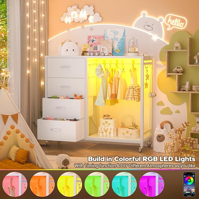 Cyclysio Dresser with Hanging Rack, 4 Fabric Drawers Dresser with Clothes Rack, Wooden Top Storage Chest of Drawers with Charging Station & LED Lights, Lockable Wheels, Closet