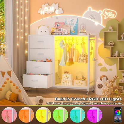 Cyclysio Dresser with Hanging Rack, 4 Fabric Drawers Dresser with Clothes Rack, Wooden Top Storage Chest of Drawers with Charging Station & LED Lights, Lockable Wheels, Closet