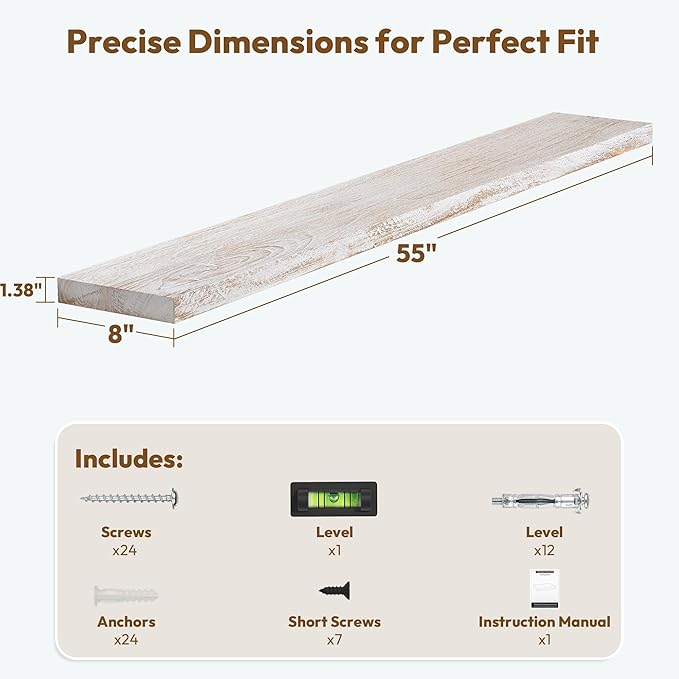 Vivelove Elm Wood Long Floating Shelves for Wall, 55 inches x 8” Deep Wooden Shelves, for Living Room Bedroom Kitchen Bathroom Office, Rustic Farmhouse Decor, Set of 1 - Distressed Washed White