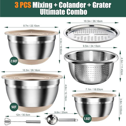 Stainless Steel Mixing Bowls Set with Lids & Silicone Base - 7-Piece Kitchen Gadgets Includes Colander, Grater, Egg Separator, Whisk - Nesting Bowls (1.5, 2, 2.5, 4.5 QT), Dishwasher Safe, Khaki