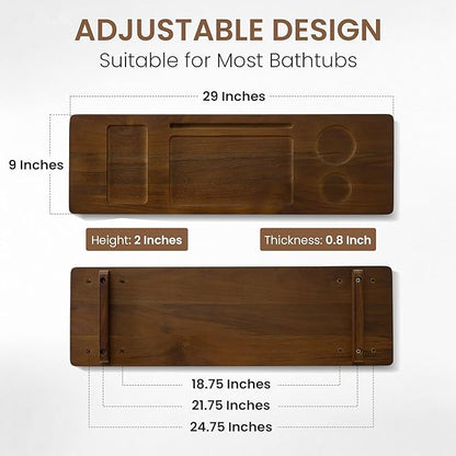 Teak Bathtub Tray - Wood Bath Caddy Tray 29" for Small Tubs - Adjustable Bathtub Table Trays - Luxury Shower Organizer for Home Spa Relaxation and Reading - Dark Walnut Color