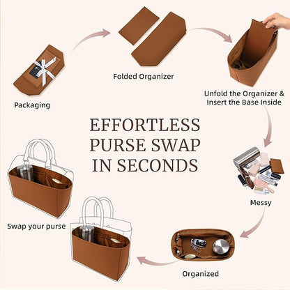 Purse Organizer Insert, Satin Tote Bag Organizer with 8 Sizes, Handbag Dividers for Inside Purse, Compatible with Longchamp, Neverful, 25C Hobo and More Bags（Large,Brown）