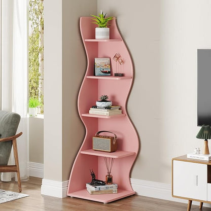 Tribesigns Corner Shelf, Modern 5-Tier Wall Corner Bookshelf, Stylish Corner Small Bookcase Storage Rack Plant Stand with Unique Shape for Living Room, Home Office (Pink, 2PCS)