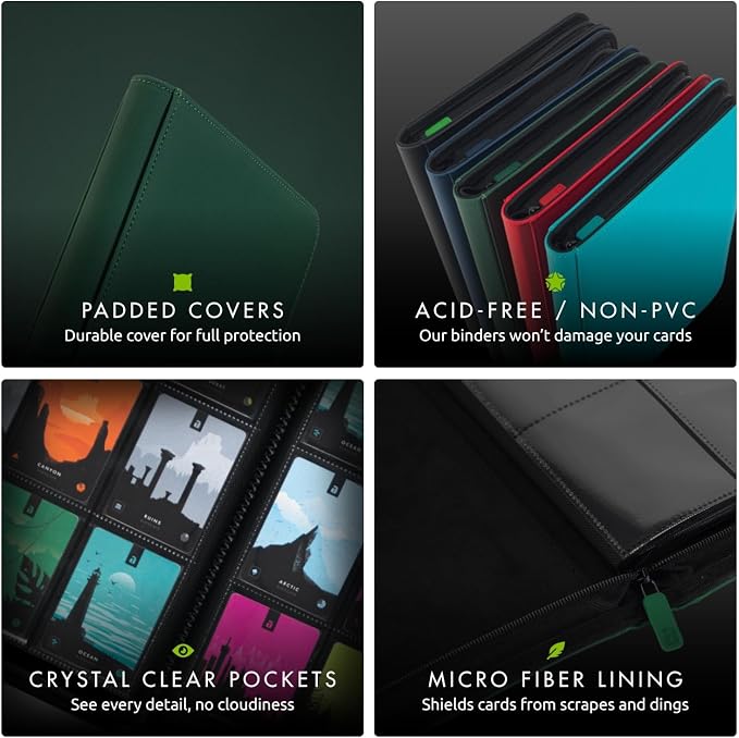 Vault X 12 Pocket Zip Binder, 480 Cards, Exo-Tec Material, 20 Side-Loading Pages (Green)