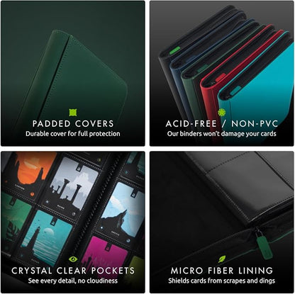 Vault X 12 Pocket Zip Binder, 480 Cards, Exo-Tec Material, 20 Side-Loading Pages (Green)