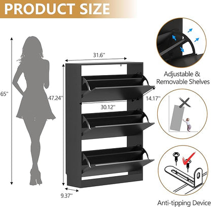 Shoe Cabinet with 3 Flip Drawers, 47" Slim Hidden Wood Shoe Storage Cabinet with Adjustable Shelf, Freestanding Narrow Shoe Rack Organizer for Entryway, Hallway, Black