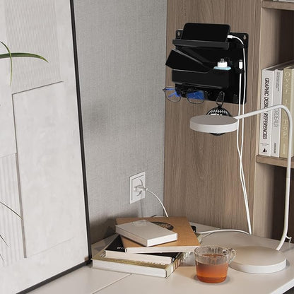 Wall Mount Shelf Organizer, Adhesive Bedside Shelf Accessories with Hooks and Cable Clips, Dorm Room Wall Storage for Phone, Remote, Earphone, Kindle, Plastic(Black)