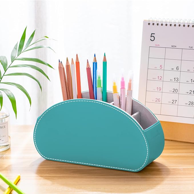 Remote Control Holders Organizer Box with 5 Compartment PU Leather Multi-functional Office Desk Storage Caddy Store Tv Remote for Media Player,Brush,Pencil,Glassees&Office Supplies (Lake Blue)
