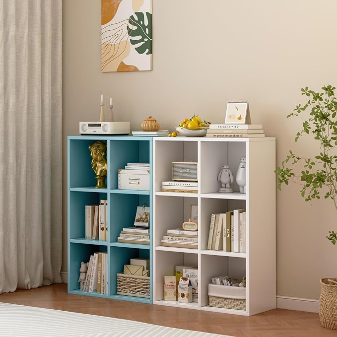 OSCHF 6-Cube Storage Shelf Bookcase - Wooden 3-Tier Floor Standing Open Bookshelf for Home and Office, Display Cabinet, Light Blue