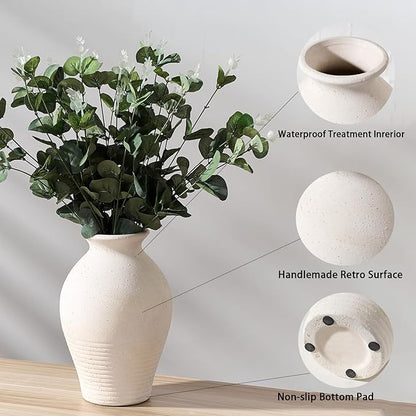 LUKA Ceramic Rustic Farmhouse Vase, 9.2 inch Whitewashed Terracotta Vase, Pottery Decorative Vases,Clay Decorative Vases for Home Decor, Table, Living Room, Shelf, Mantel Decoration(Off-White)