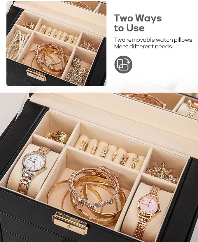 Homde Mothers Day Gifts Synthetic Leather Huge Jewelry Box Mirrored Watch Organizer Necklace Ring Earring Storage Lockable Gift Case (Black + Gold)
