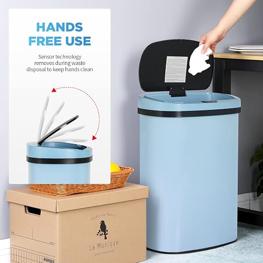 13 Gallon 50 Liter Garbage Can Kitchen Trash Can with Lid Automatic Sensor Touch Free Stainless Steel Waste Bin for Bathroom Bedroom Home Office (Blue)