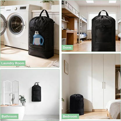 Aegero Backpack Laundry Bag,Large Travel Laundry Bags with Shoulder Straps and Mesh Pockets,Laundry Backpack with Drawstring Closure for College,Trave,Dorm, Apartment,Laundromat (Black)