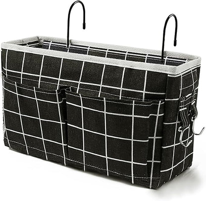 Bedside Caddy Bedside Hanging Storage Basket Multi-Function Organizer Caddy for Bunk and Hospital Beds Dorm Rooms Bed Rails, Can be Placed Glasses Books Mobile Phones（Black Grid）