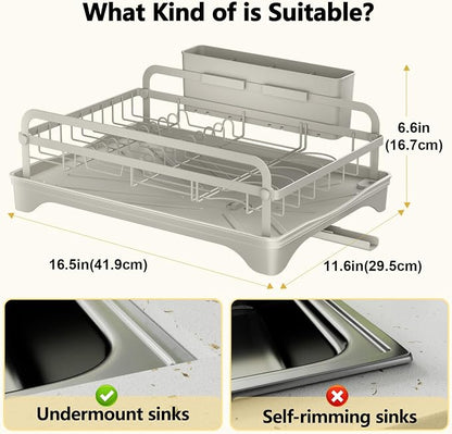 LIYI Dish Rack - Dish Racks for Kitchen Counter, Kitchen Dish Drying Rack Kitchen with Removable Utensil Holder and Drainboard, 16.5" D x 11.6" W x 6.6" H, Grey