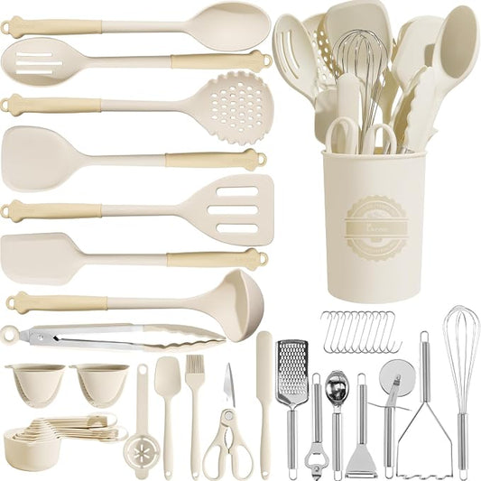 Kikcoin 43Pcs Large Kitchen Utensils Set - Silicone Cooking Utensils Set, Dishwasher Safe Spatula Set for Non-stick Cookware, 446°F Heat Resistant Kitchen Utensils Set with Holder BPA Free, Cream