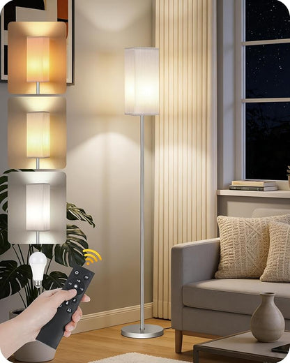 64.2” Dimmable Floor Lamp for Living Room with Remote and Foot Switch, Corner Floor Lamp for Bedroom, Includes 10W A19 Bulb, Modern Standing Tall Lamp, ETL Listed, Silver and White SCW17LD05