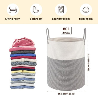 OIAHOMY Large Laundry Basket Hamper - 80L Cotton Rope Woven Basket for Blankets, Toys, Clothes - Tall Decorative Nursery Hamper with Long Handles, Grey/White