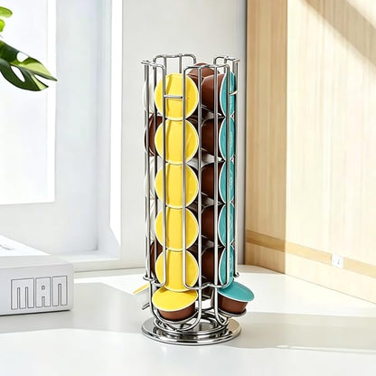Rotating Coffee Pod Holder for Dolce Gusto Capsules,360° Spinning Coffee Capsule Carousel,48 Pod Capacity Metal Wire Storage Rack,Countertop Coffee Organizer Stand for Kitchen & Office (Silver)