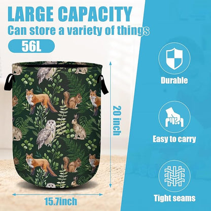 Watercolor Fox Hare Owl Squirrel Laundry Basket, Forest Animals Plants Laundry Hamper Collapsible Oxford Cloth with Handle Clothes Toy Storage Bin for Bathroom Laundry Room Bedroom 15.7 X 20 Inch