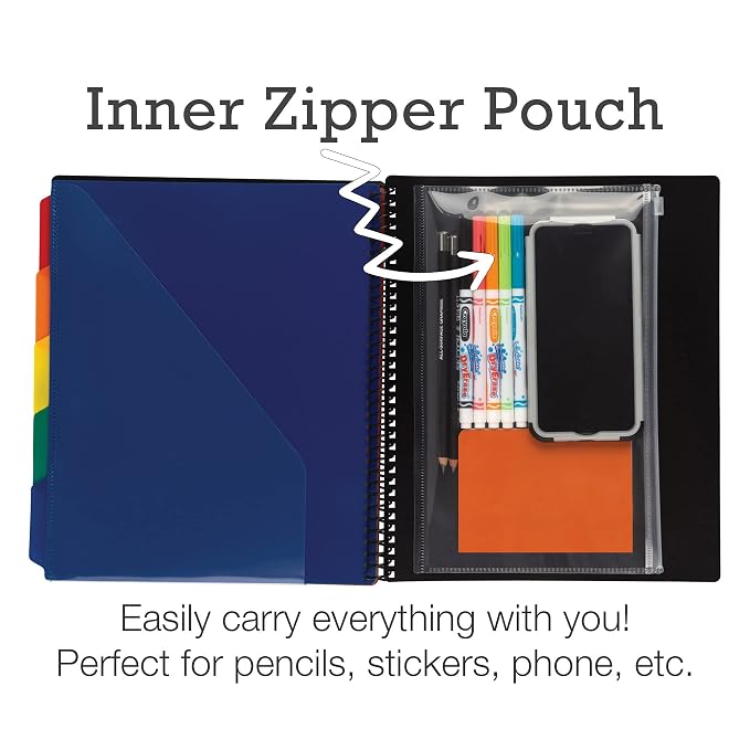 Samsill Spiral Folder Organizer (2-Pack)- 5 Dividers & 10 Pockets with Zipper Pouch, Multi Pocket Color Cordinated Folder Binder with Customizable Tabs, Document Organizer (Basic)