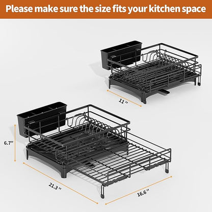 Laveshop Dish Drying Rack - Expandable Rack, Large Capacity Dish Drainer for Kitchen Counter, Rust-Proof with Utensil Holder, Black