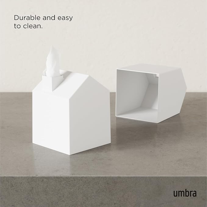 Umbra Casa Tissue Box Cover, Adorable House Shaped Square Kleenex Box Holder for Bathroom, Bedroom or Office, White