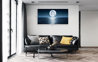 Aibonnly Wall Art Canvas Print Moon Sea Ocean Landscape 1 Panels Full moon Picture Painting Framed and Stretched Ready to Hang for Living Room Bedroom Office Home Decor Artwork 24x48inch
