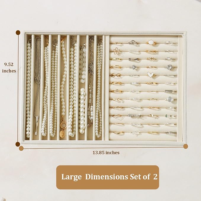 Large Velvet Jewelry Tray 2 Pack Stackable Jewelry Display Drawer Inserts Trays Organizer for Earring Bracelet Necklace Ring (Beige, Ring and 9 Grids)