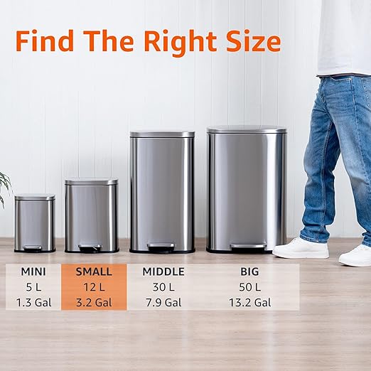 Amazon Basics Smudge Resistant Small Rectangular Step Pedal Trash Can with Soft-Close Lid, Removable Inner Bucket, Brushed Stainless Steel, 12 Liter/3.1 Gallon, Satin Nickel Finish