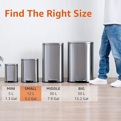 Amazon Basics Smudge Resistant Small Rectangular Step Pedal Trash Can with Soft-Close Lid, Removable Inner Bucket, Brushed Stainless Steel, 12 Liter/3.1 Gallon, Satin Nickel Finish