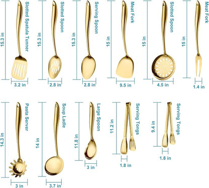 304 Gold Stainless Steel Cooking Utensils Set, 11 PCS Long Large Metal Cooking Utensil Tools Set with Fork, Spatulas, Spoons, Skimmer, Ladle, Pasta Server, Tongs