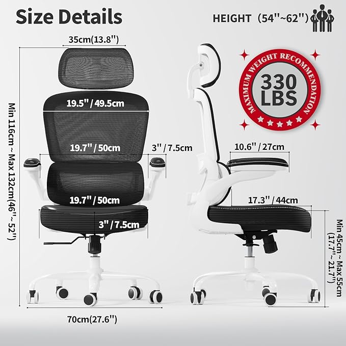 TRALT Ergonomic Office Chair - Desk Chair with Adjustable Headrest Lumbar Support Computer Chair - Mesh Comfy Chair with Flip-up Armrests - Gaming Chairs for Adults Home Office (Leather, Black White)