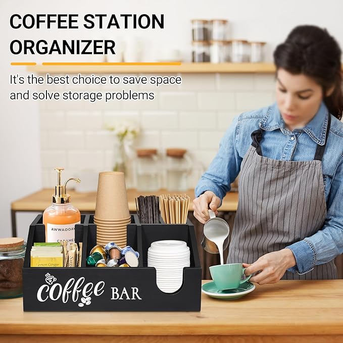 Coffee Station Organizer, Coffee Cup Holder for Counter, Wood Coffee Pod Holder Storage Basket, Tea Condiment Organizer for K Cup Sugar, Rustic Coffee Bar Decor for Coffee Accessories