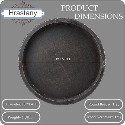 Hrastany Round Wooden Serving Tray with Beads, Circle Vintage Black Wood Coffe Table Tray for Dining Room Table Centerpiece, Kitchen Counter