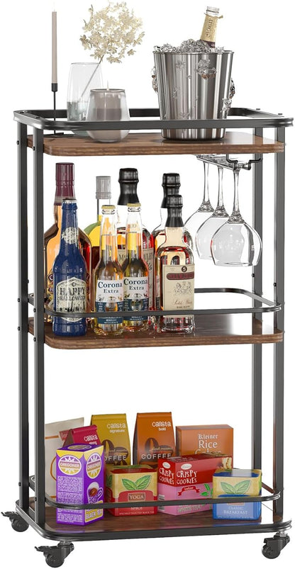 IBUYKE 3-Tier Home Bar Serving Cart,Kitchen Storage Carts with Wheels,11.79x15.72x33.01 inches,Rolling Mini Bar Cart for Home, Outdoor, Kitchen, Bedroom TMJ319H