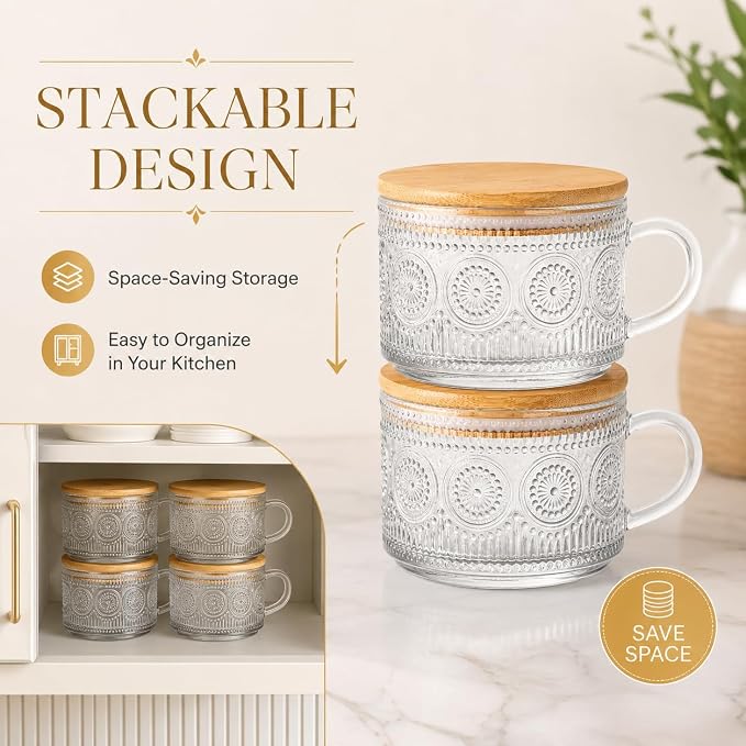 Semderm Vintage Glass Coffee Mugs Set of 2, Overnight Oats Containers with Bamboo Lids and Spoons - 14oz Clear Tea Cups for Cappuccino Latte Americano Cereal Yogurt Beverage