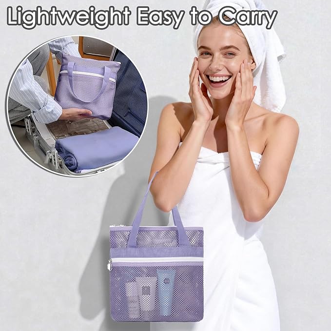 GYEUKHAM Portable Mesh Shower Caddy with 2 Zipper Pockets & Dual Handles, Quick-Drying Hanging Shower Tote for College Dorm, Gym, Travel & Camping, Purple