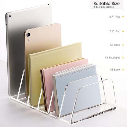 YUXUN Desk File Organizer,6-Section Acrylic Desk Organizer,Vertical File Sorter Holder Organization for Office School & Classroom (Clear - 1Pack)