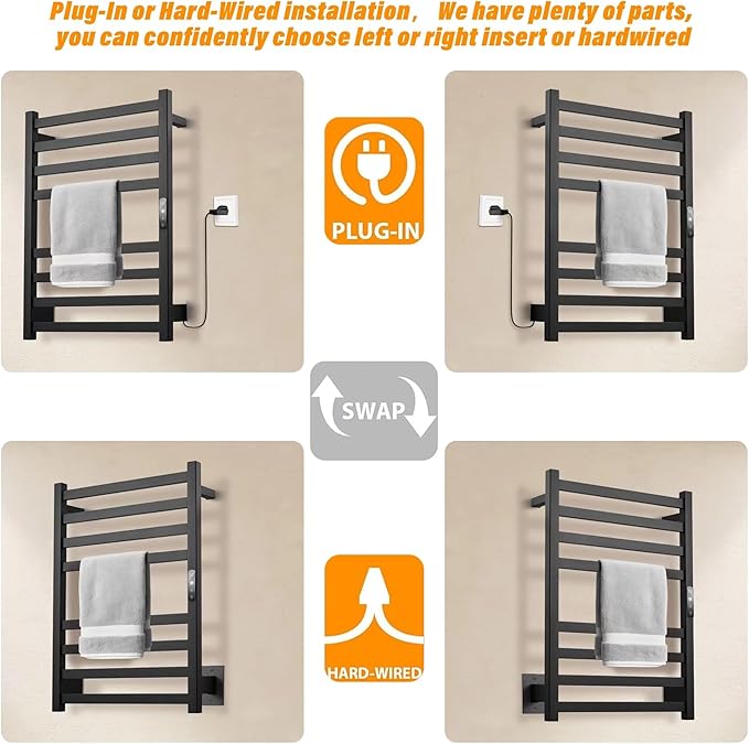 Towel Warmer Matte Black Heated Towel Rack for Bathroom Wall Mounted Electric Towel Dryer Rack with Temperature Control and 24 Timer Plug-in/Hardwired