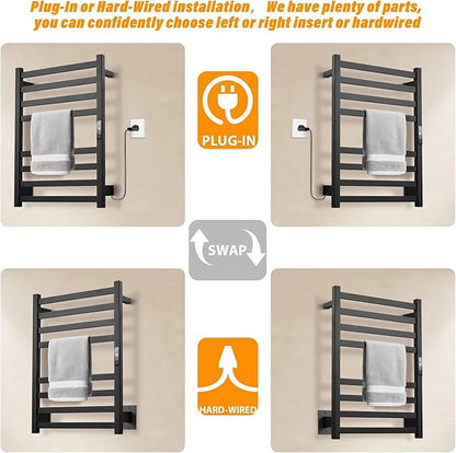 Towel Warmer Matte Black Heated Towel Rack for Bathroom Wall Mounted Electric Towel Dryer Rack with Temperature Control and 24 Timer Plug-in/Hardwired