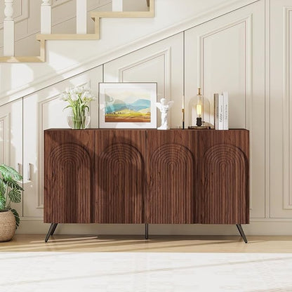 59" Accent Storage Cabinet with 4 Doors, Modern Decorative Cabinet with 3D Carved Door, Sideboard Buffet Cabinets with Adjustable Shelves, Credenza for Living Room, Entryway, Kitchen, Walnut