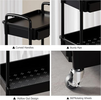 3 Tier Rolling Utility Cart with Drawer, Plastic Storage Organizer Rolling Carts with Wheels Handles Hanging Cups Hooks for Office, Bathroom, Kitchen,Craft Art Room (Black)