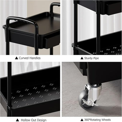 LLMRR 3 Tier Rolling Utility Cart with Drawer, Plastic Storage Organizer Rolling Carts with Wheels Handles Hanging Cups Hooks for Office, Bathroom, Kitchen,Craft Art Room (Black)
