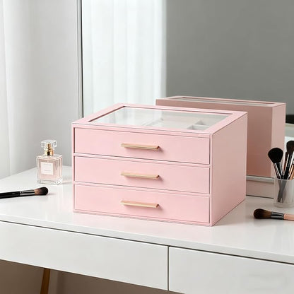 GUOER Jewelry Box for Women, Glass Lid Jewelry Organizer with 3 Drawers PU Jewelry Storage Case for Necklaces Rings Earrings Bracelets (Pink)