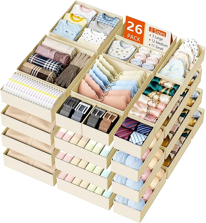 DIMJ Drawer Organizer Clothes- 26 Pack Baby Dresser Organizer for Nursery, Small Fabric Closet Drawer Organizer Bins for Underwears Socks, Foldable Storage Dividers Organization for Bedroom