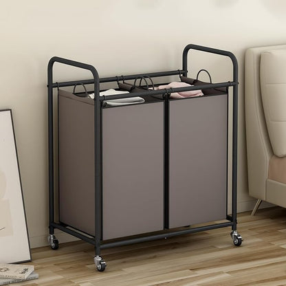 SUOERNUO Laundry Sorter Basket 2 Bag Laundry Hamper Cart with Rolling Lockable Wheels and Removable Bags Laundry Organizer Cart for Clothes Storage, Assorted
