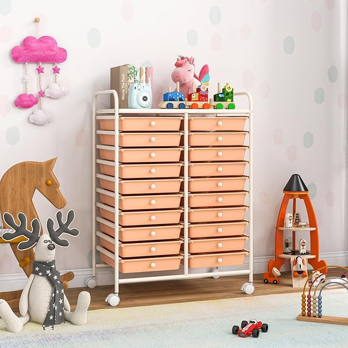 GOFLAME 20-Drawer Rolling Storage Cart, Multifunctional Art Craft Organizer Cart, Mobile Utility Storage Cart with Removable Drawers & Lockable Wheels, Craft Cart for Home Office, Peach Fuzz